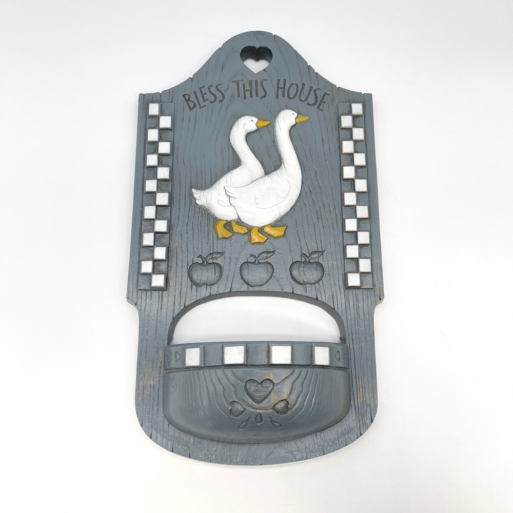 Bless This House Geese Wall Pocket Planter Country Decor Burwood Vintage 1988